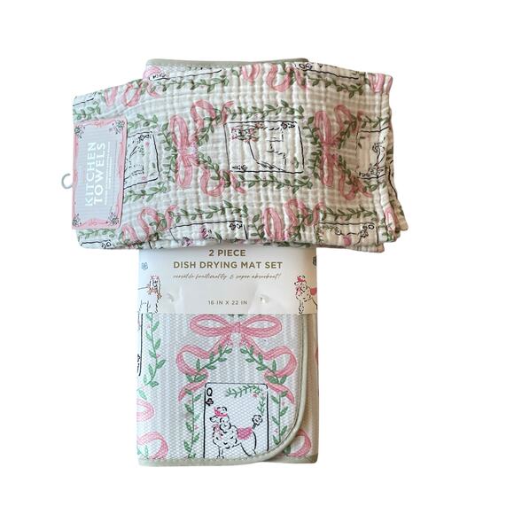 ENVOGUE Kitchen Dish Drying Mat & Towel Set of 4 Dogs & Pink Bows NEW - Picture 4 of 16